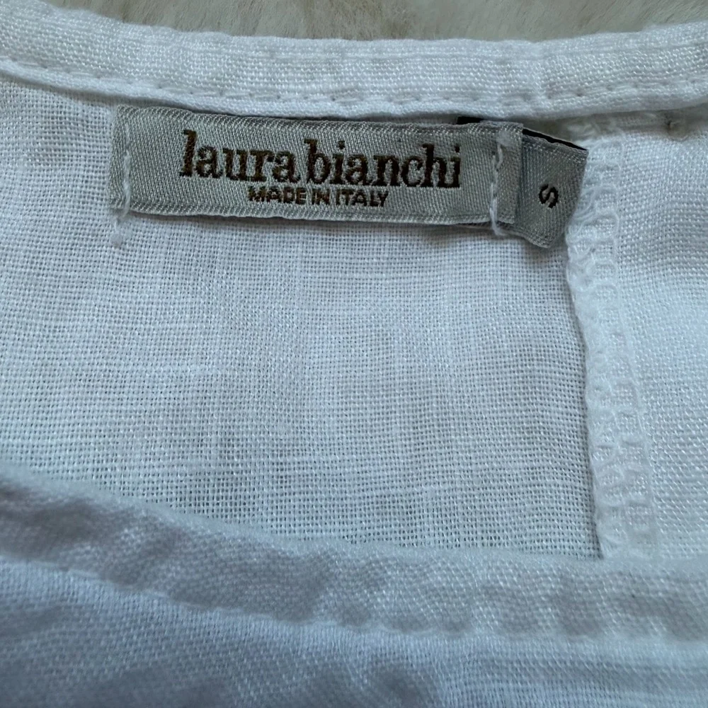 Chic Laura Bianchi White Linen Back Buttons Lace Trim Short Sleeve Women's Top-S - Picture 9 of 15